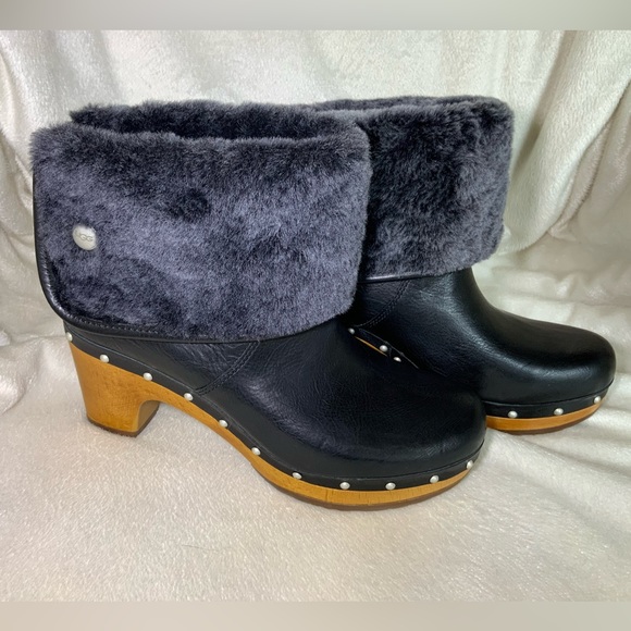 NEW UGG “Lynnea II” Black Leather Boots with real lamb fur NWOT women size 6 - Picture 2 of 14